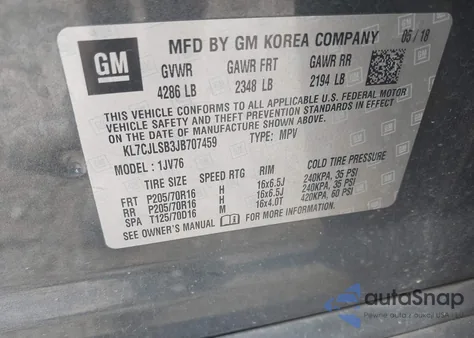 2018 Chevrolet Trax Lt из США, поврежденный, VIN KL7CJLSB3JB707459